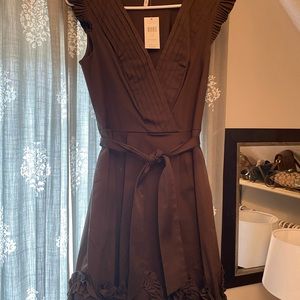 Max & Cleo Brown V-Neck Pleated Waist Tie Dress